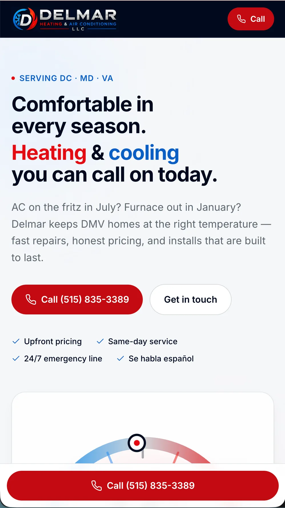 Local HVAC company website on a phone with a sticky call button