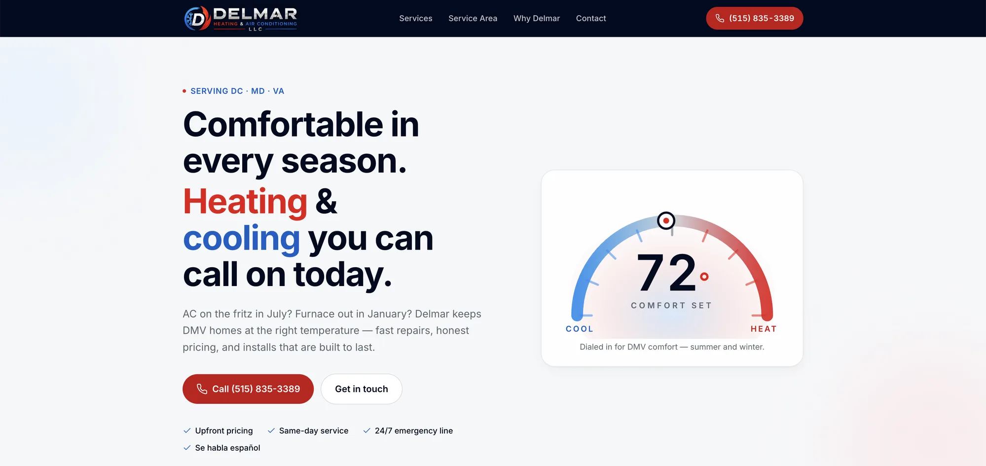 Local HVAC company website homepage with click-to-call and service area
