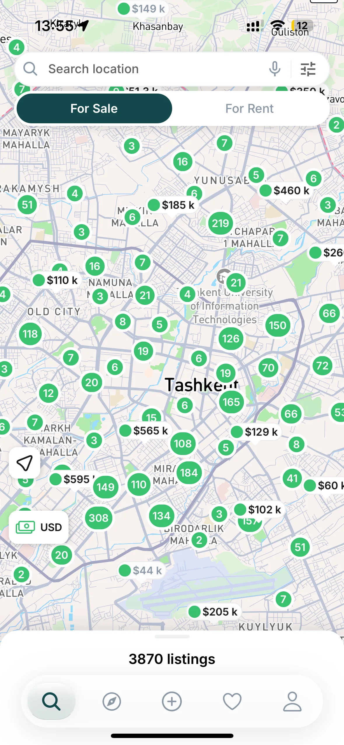 Makon.io mobile app map with listing clusters and prices