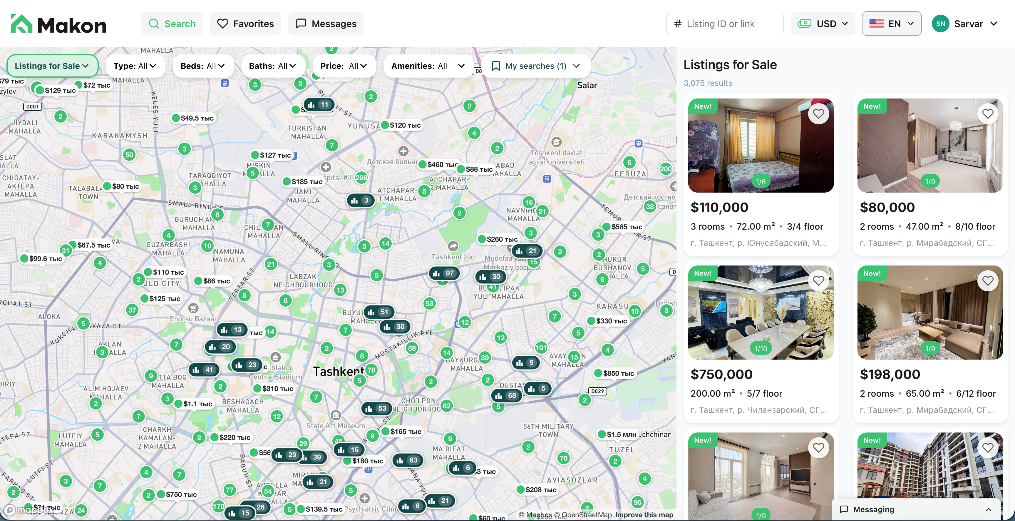 Makon.io web app with a map of Tashkent listings and result cards