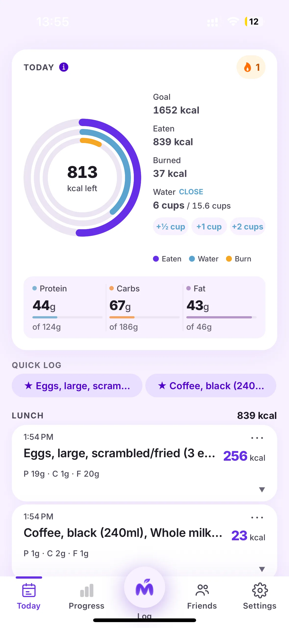 Munchit.ai app showing today's calories, macros, and logged meals